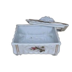 Rose Lidded Trinket Dish Vintage Porcelain 4" x 3" Gold Trimmed